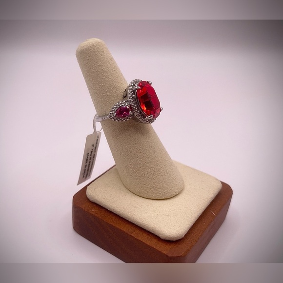 Simulated Ruby Rhinestone Ring - Silver Toned Victorian Setting Stainless Steel - Picture 7 of 15